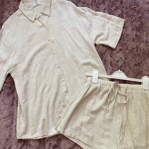 Beige Linen Blend Short Sleeve Short Se